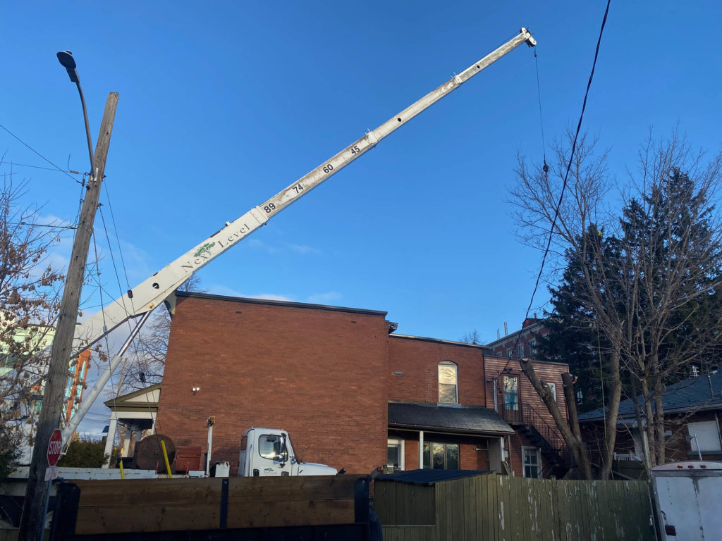 Next Level Tree Services Ottawa backyard tree branch removal with crane truck